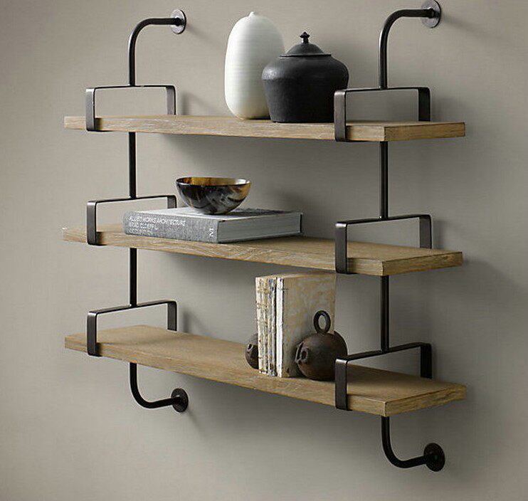 美式铁艺实木壁挂架隔板置物架创意层架墙壁书架复古三层一字搁架