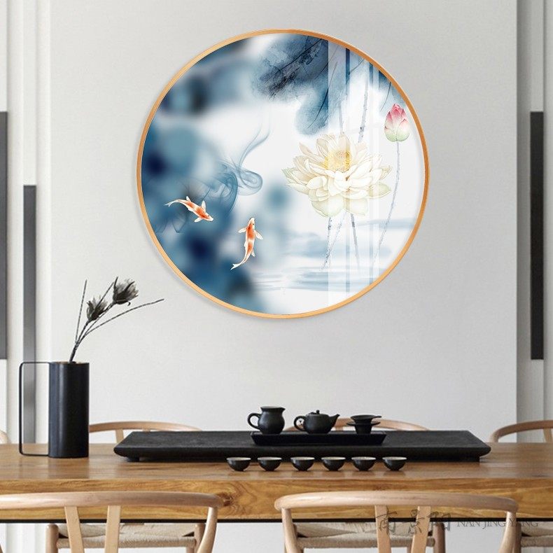 清雅荷韵玄关莲花创意圆形瓷画现代简约装饰画轻奢现代装饰画