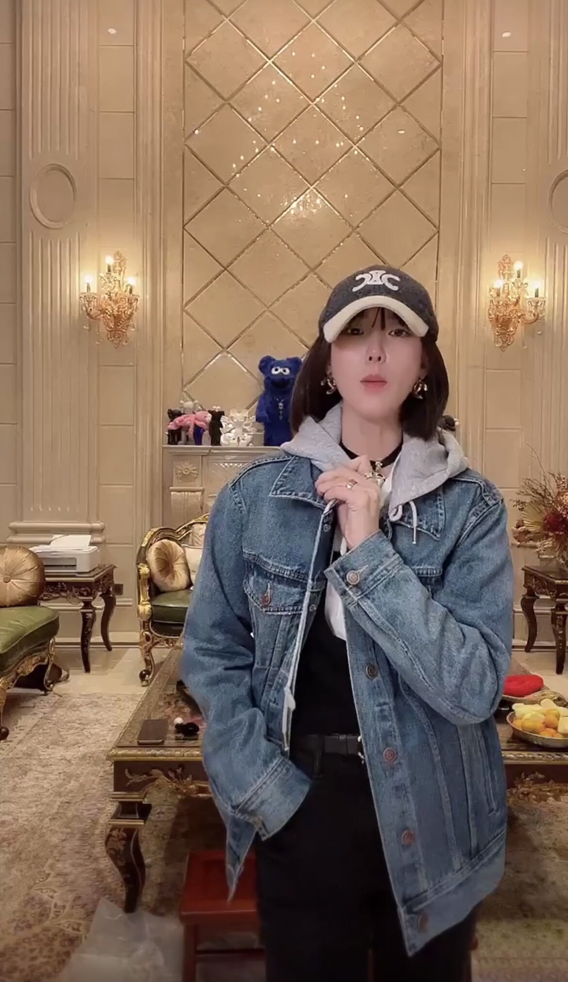 5566叶莎欧洲站2022春装新款陈太欧货灰色帽拼接牛仔宽松短外套潮