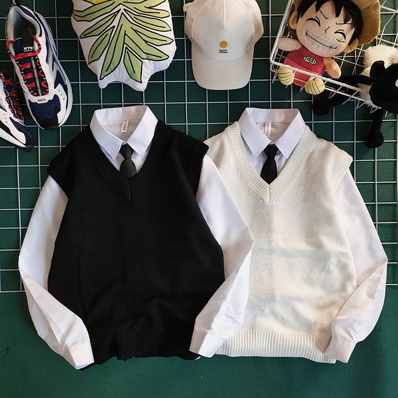 韩国ins潮流纯色V领毛衣背心男春季学院风情侣无袖针织衫马甲港风