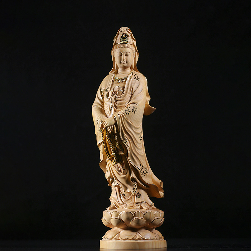 黄杨木雕观音贴金佛像摆件观世音菩萨居家供奉家用雕刻彩绘工艺品