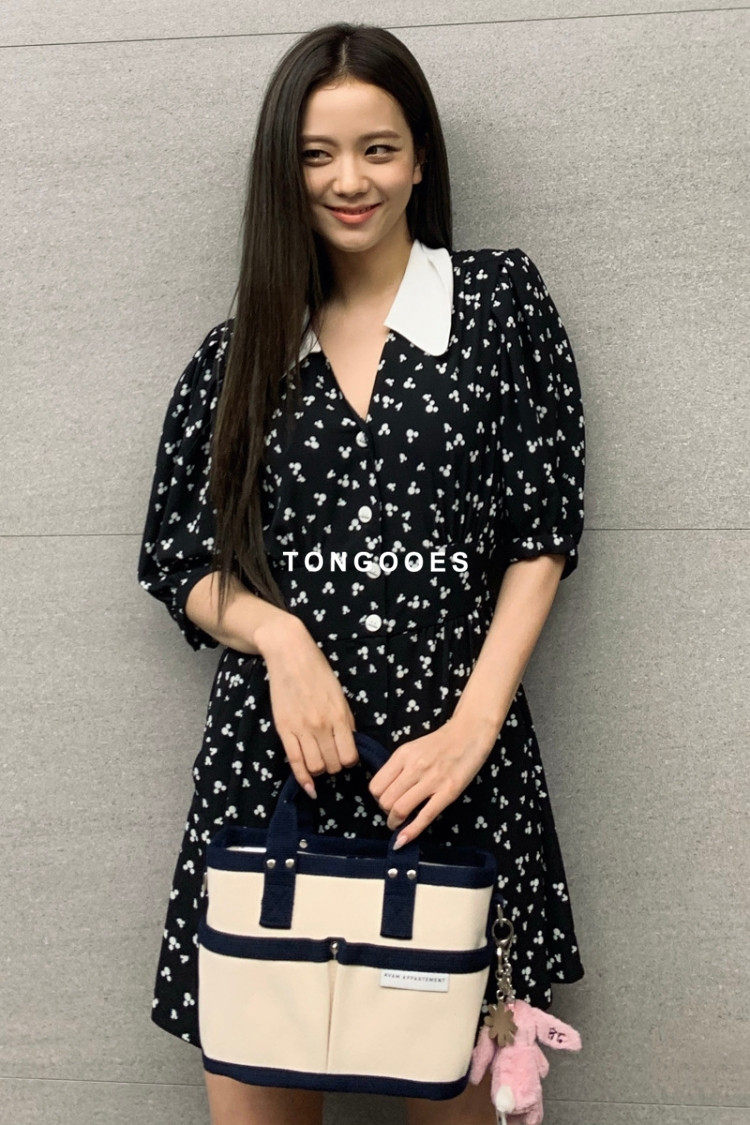 jisoo金智秀宣美同款黑色翻领米奇碎花高腰显瘦连衣裙