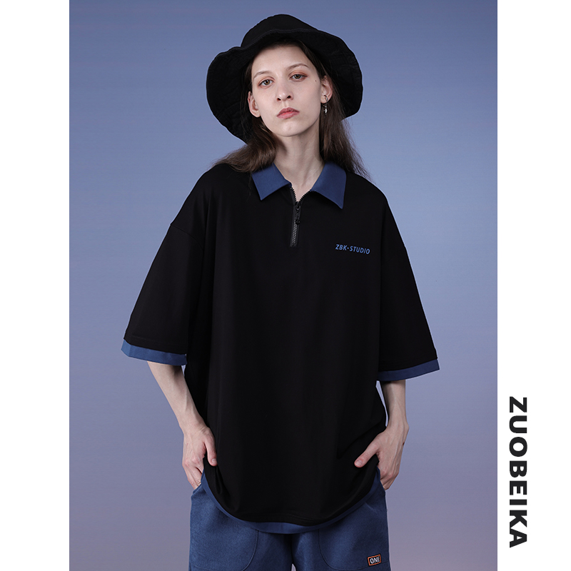 ZUOBEIKA黑色POLO衫女半袖夏宽松bf小众盐系美式复古潮牌短袖T恤