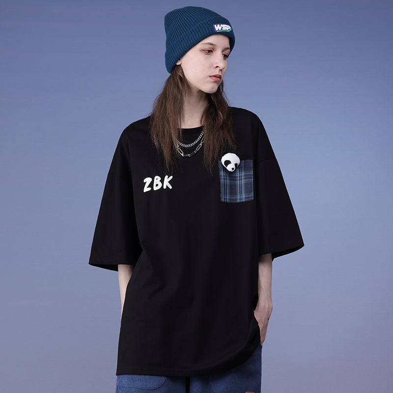 ZUOBEIKA 黑色T恤设计感小众别致熊猫宽松薄款情侣夏装潮牌短袖女