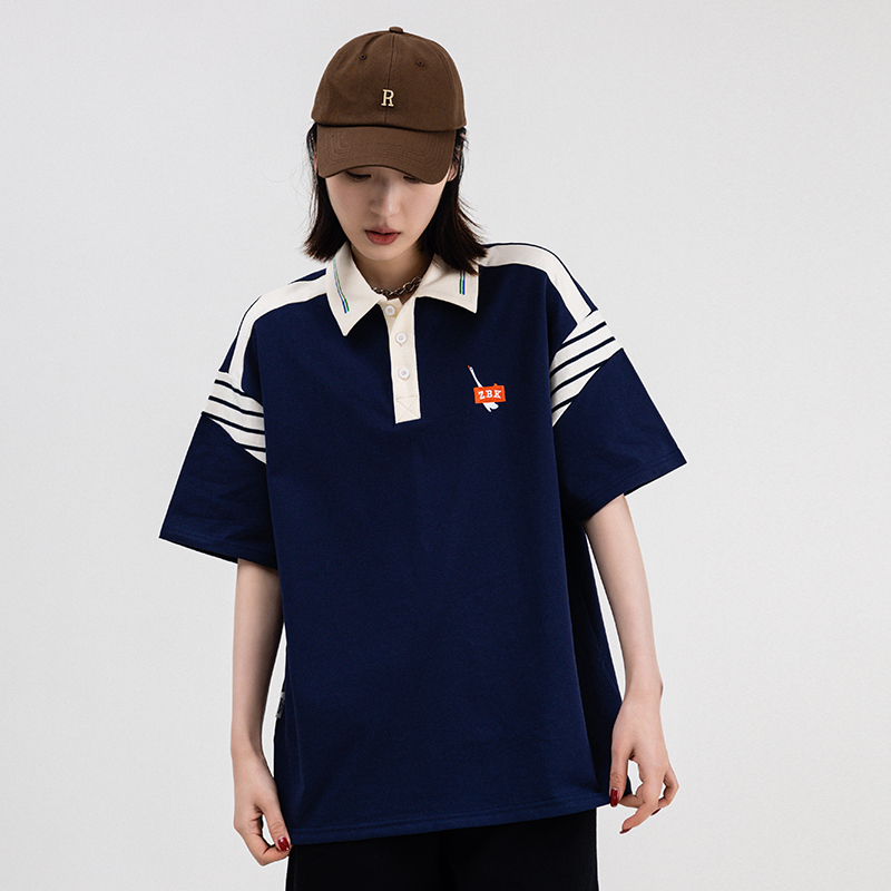 240g纯棉ZUOBEIKA潮牌藏青POLO衫女情侣装夏款宽松美式短袖T恤潮