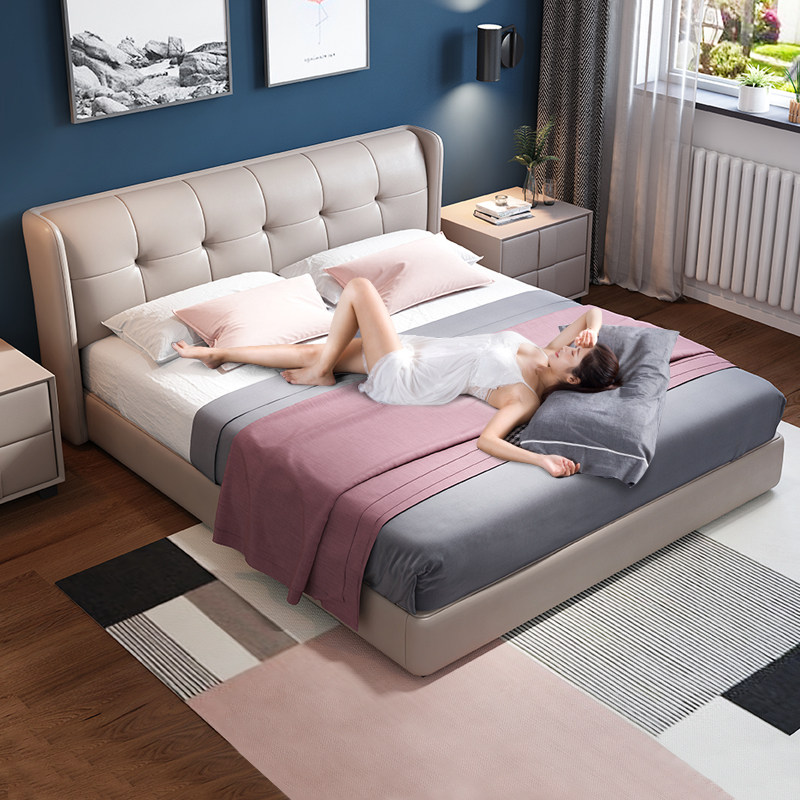 拉芙菲 真皮床主卧现代简约北欧卧室1.8米双人婚床榻榻米软包家具