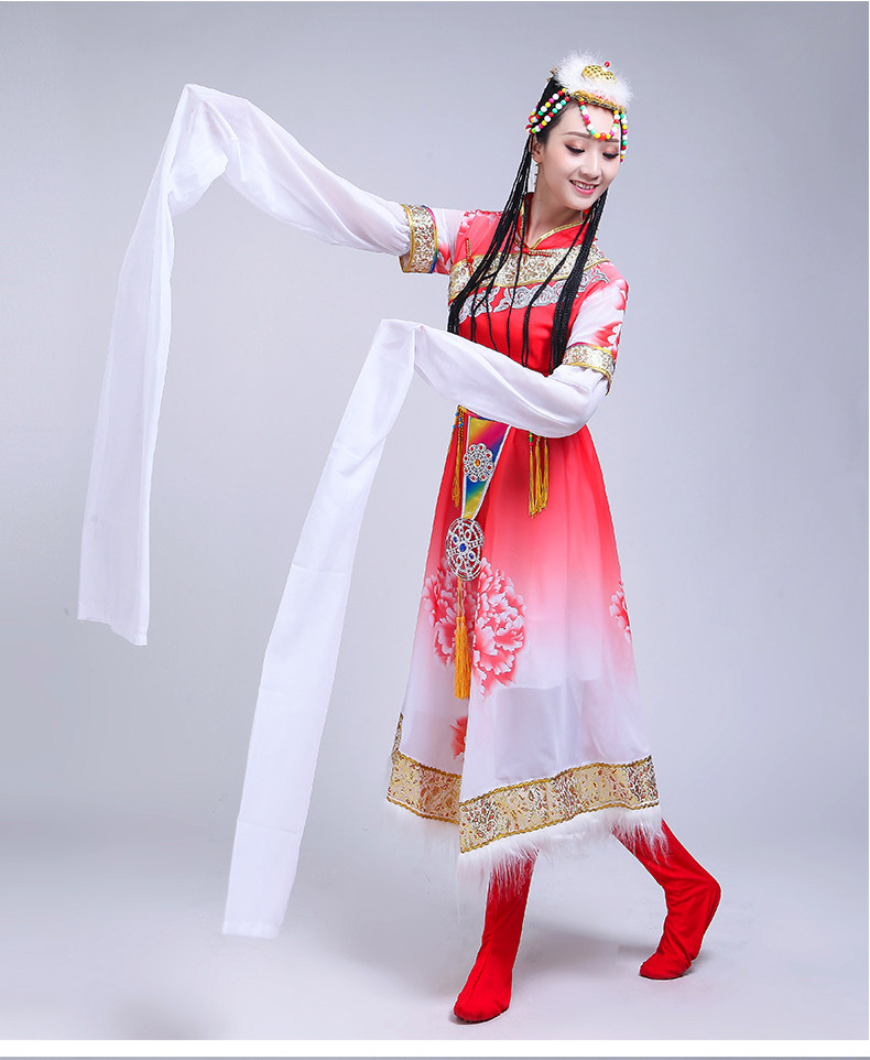 藏族舞蹈演出演出服服装女藏渐变水袖长裙表演民族服装