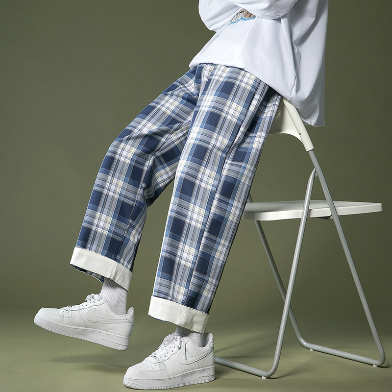网红格子裤男高街ins潮港风复古拼色直筒垂感阔腿裤男春秋九分裤