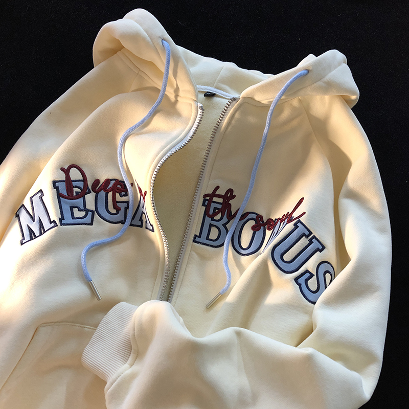 Jew4room美式复古oversize奶黄色潮流加绒开衫pureピュア卫衣连帽