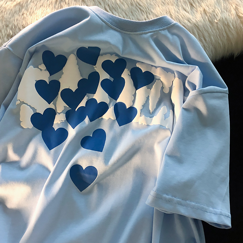 Jew4room湖蓝色满印爱心夏季短袖T恤男 香芋紫设计感小众奶甜上衣