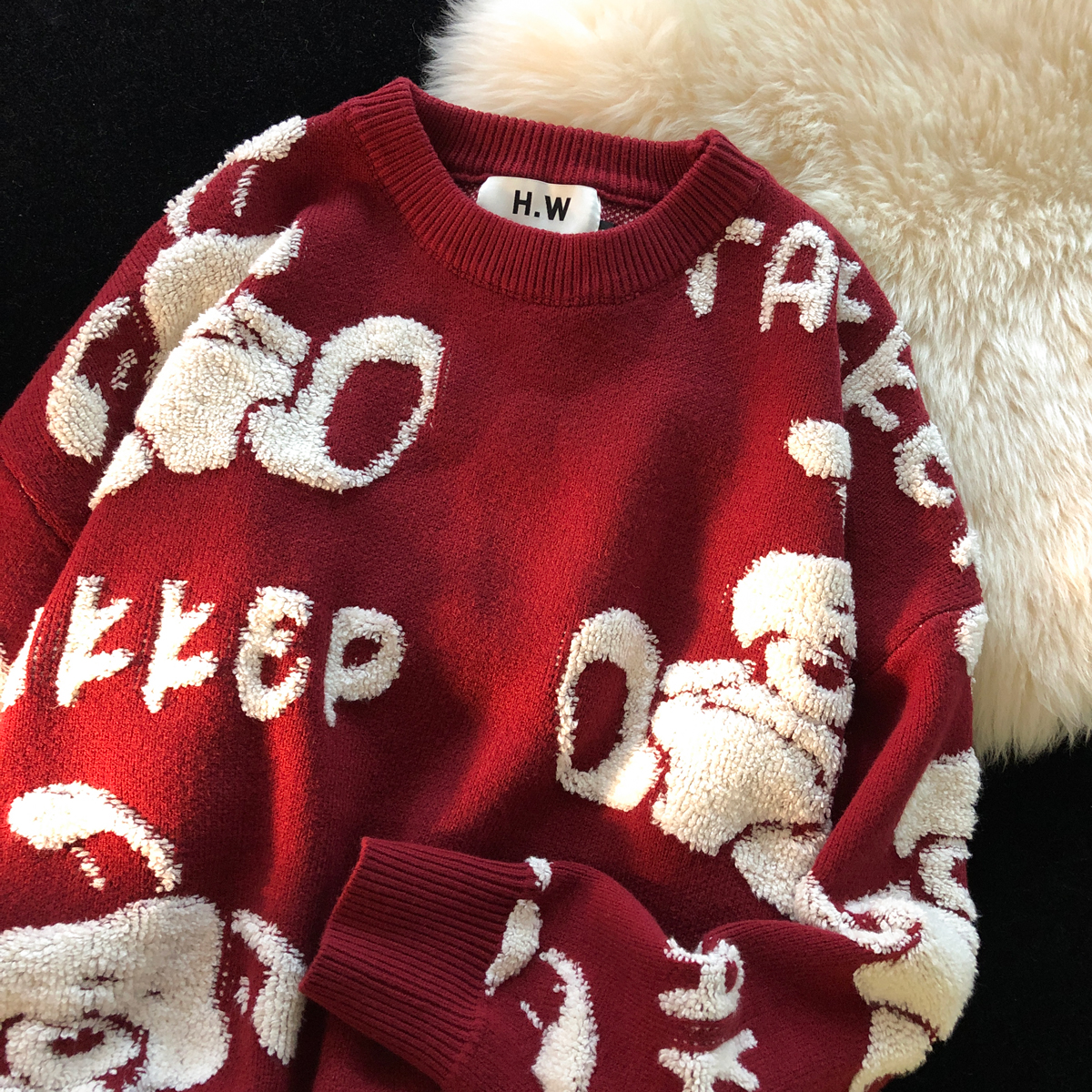 Jew4room情侣复古车厘子红色潮酷小兔子新款长袖圆领毛衣男针织衫