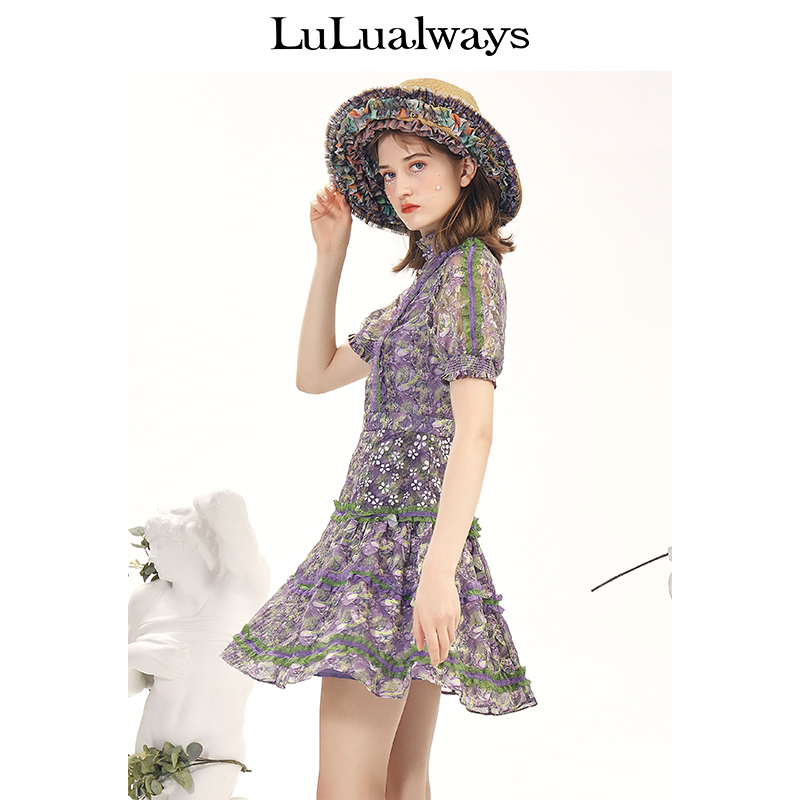lulualways我爱露露2020夏季百褶蕾丝珍珠浪漫印花连衣裙
