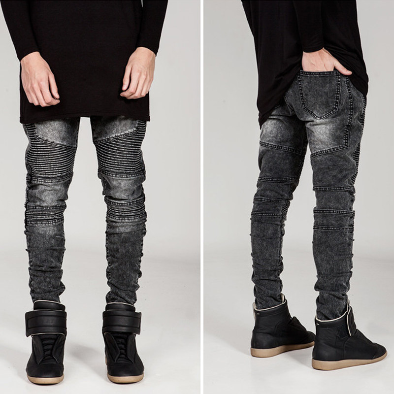 欧美美高街bikerjeans侃爷裤子弹力修身牛仔裤潮男牛仔裤