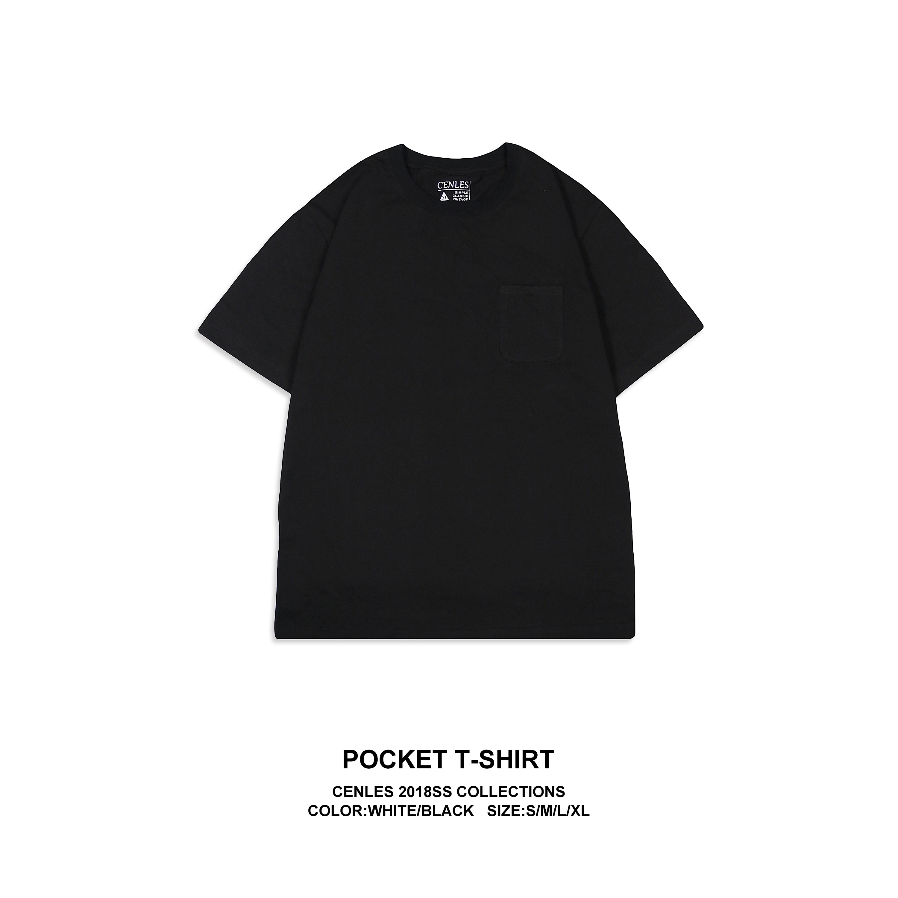 cenles 18ss 重磅纯棉pocket t-shirt圆领黑白色短袖t恤男宽松夏