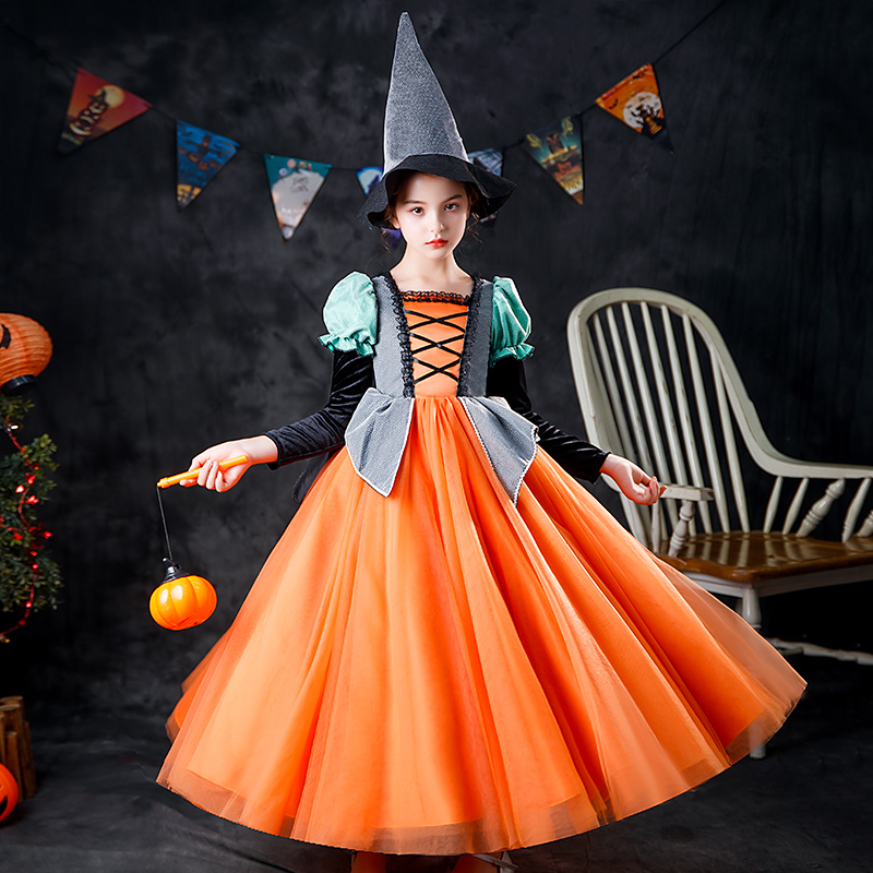 万圣节儿童服装女童南瓜cosplay装扮演出服女孩巫婆女巫儿童演出服