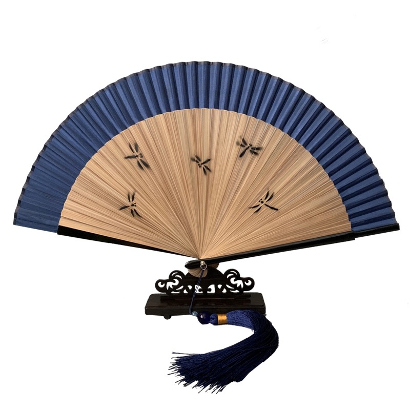 江户日式男女折扇子中国风古风古典竹真丝纯色空白雕刻蜻蜓飞翔小