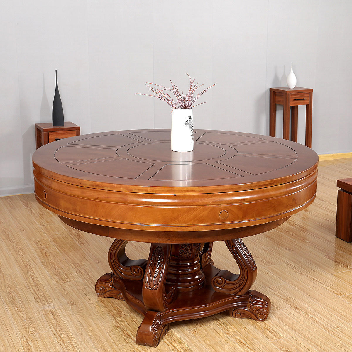 饭桌实木伸缩餐桌圆桌旋转放大折叠多功能家用餐桌