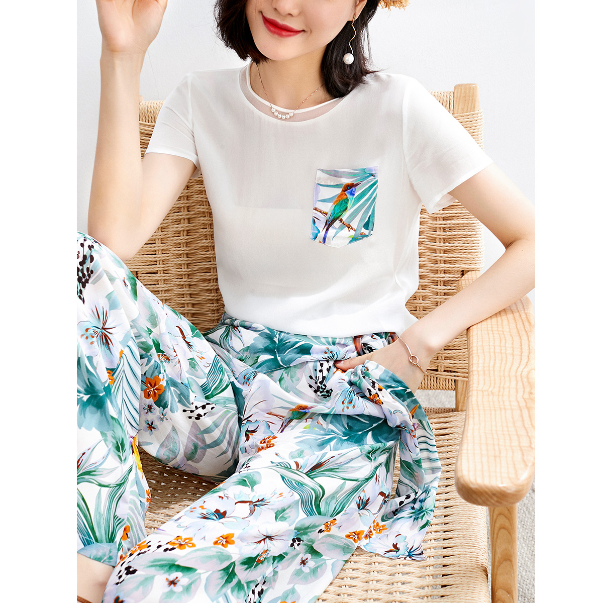 sofa休闲套装女夏装2020新款时尚显瘦雪纺印花小清新阔腿裤两件套 - 图0