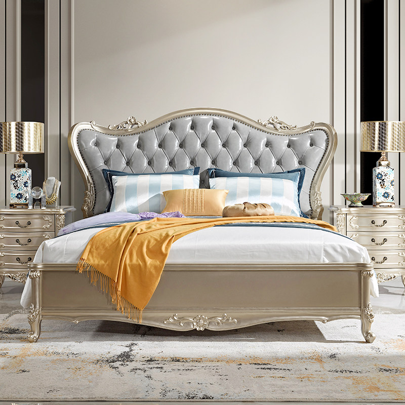 法式轻奢实木双人床欧式真皮头层牛皮主卧18米大床婚床雕花奢华
