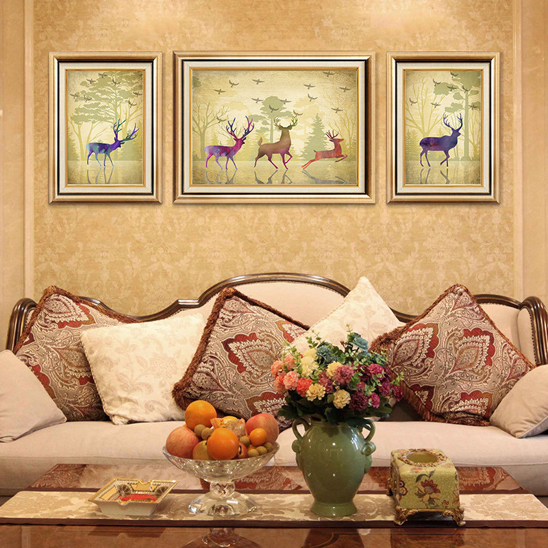 美式沙发背景墙挂画发财鹿欧式客厅三联组合装饰壁画卧室书房油画