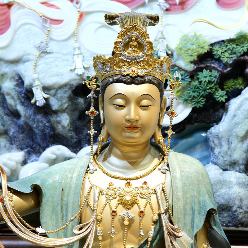 观音熙曼蒂水月观音佛像家用供奉菩萨台湾铜雕童子摆件