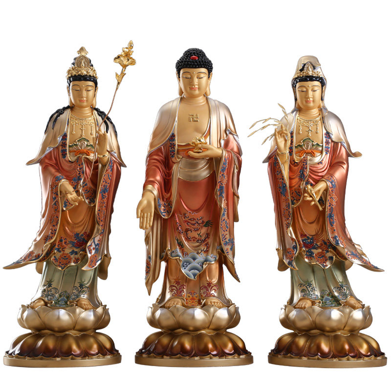 纯铜彩绘西方三圣神像站像家用供奉阿弥陀佛大势摆件