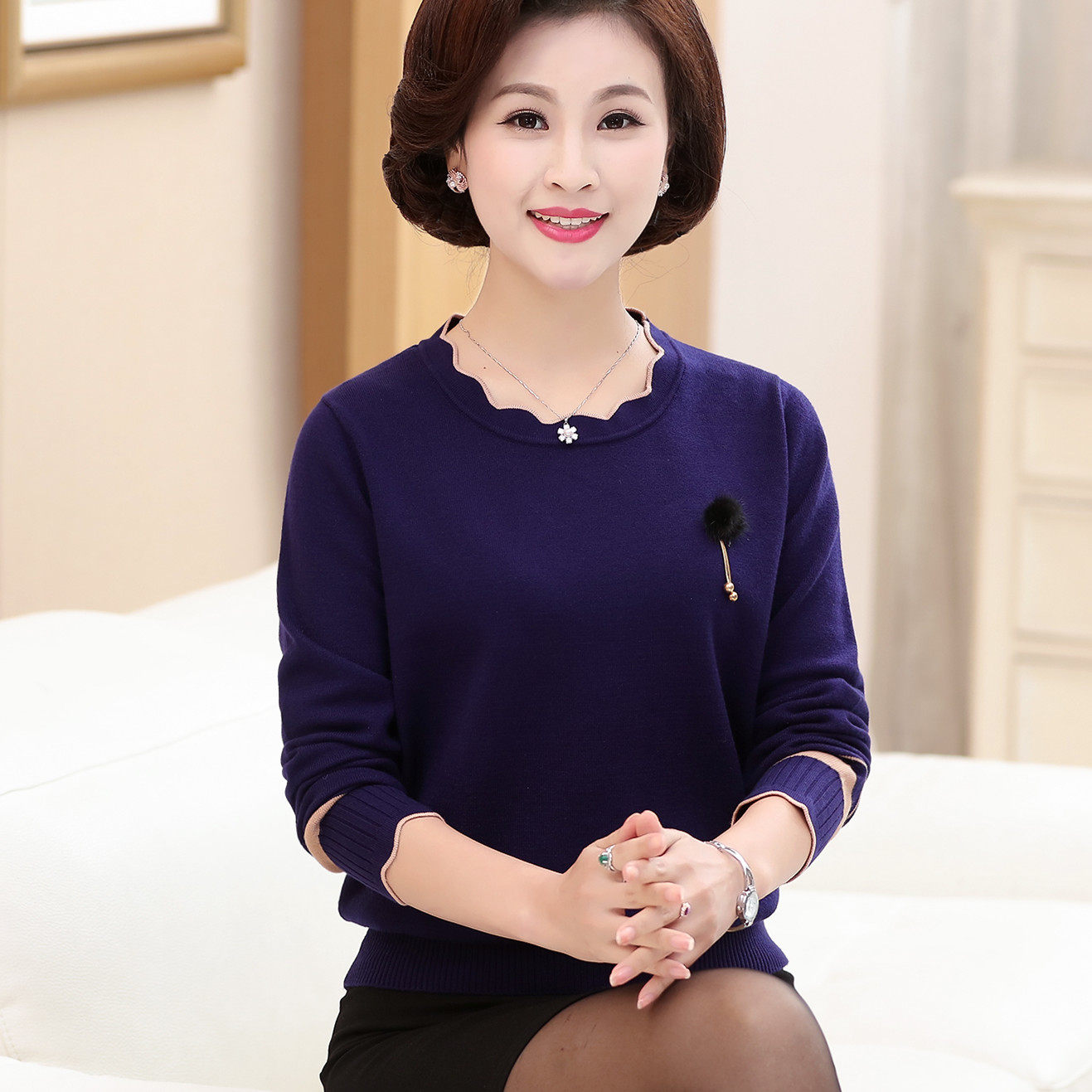 2018秋衣外穿薄款长袖毛衣妈妈中年40岁50秋装外衣服中老年针织女