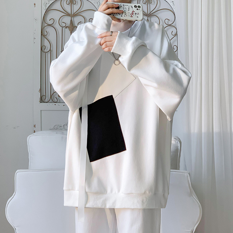 设计感黑白补丁加绒卫衣男秋冬款ins潮牌潮流打底衫港风学生上衣