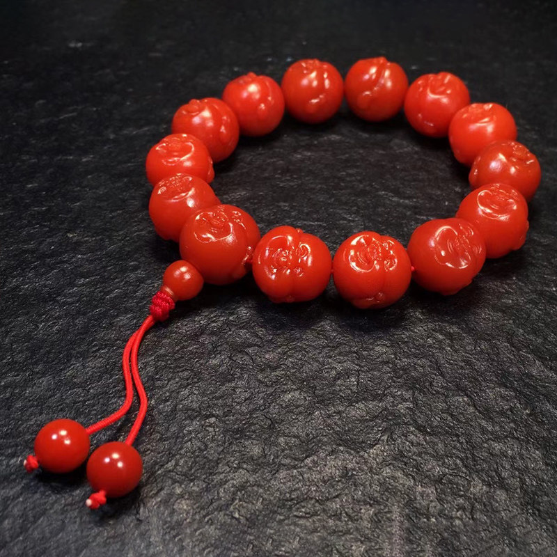 庄美珠宝保山南红弥勒佛头手串大水沟满肉满色偏辣椒手链