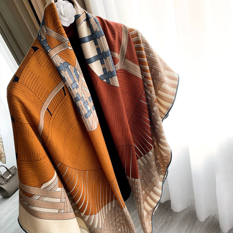 香槟色双马交织真丝羊毛围巾秋冬季大方方巾保暖围巾