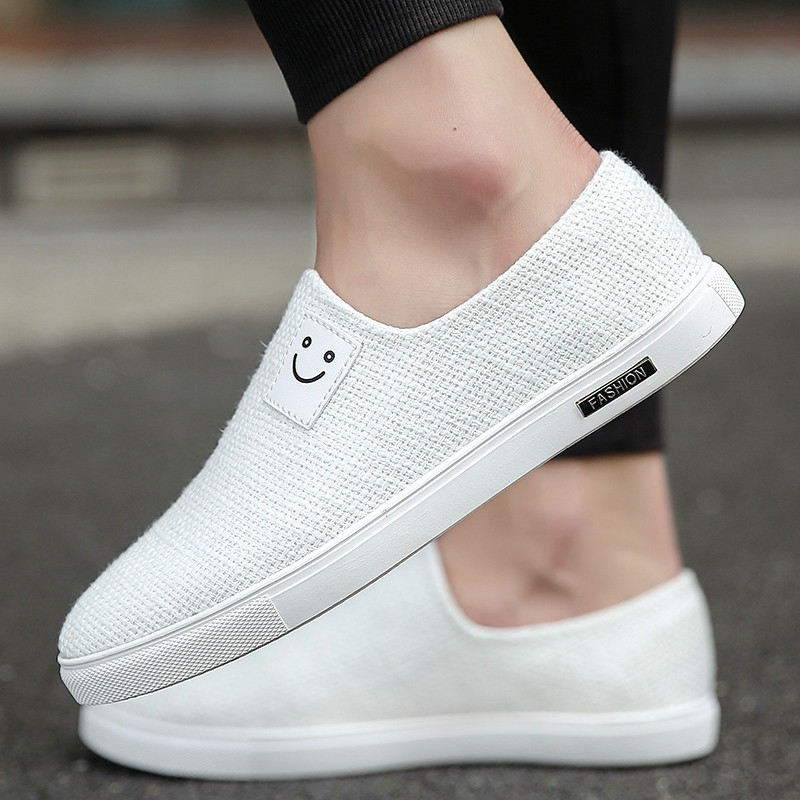 夏季透气薄款老北京布鞋男潮鞋亚麻帆布豆豆小白鞋一脚蹬懒人开车