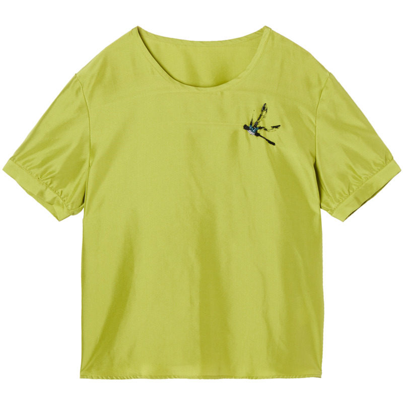 ott原创轻奢女装2021夏新品深豆绿色圆领短袖真丝印花上衣女