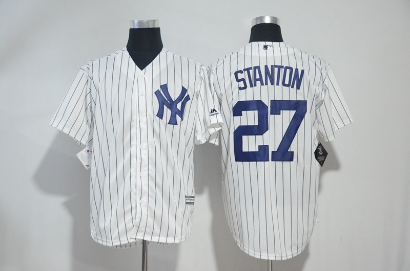 mlb洋基队27号stanton白色条纹yankees扬基球衣短袖棒球服