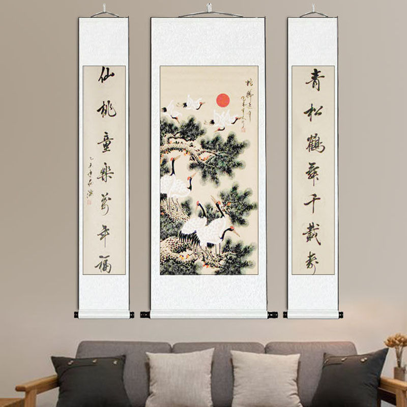 中堂字画国画松鹤延年画卷轴祝寿手写对联已装裱装饰客厅挂画壁画