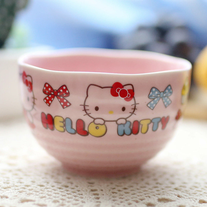瓷碗kt卡通螺纹米饭饭碗粉色小清新碗陶餐具碗