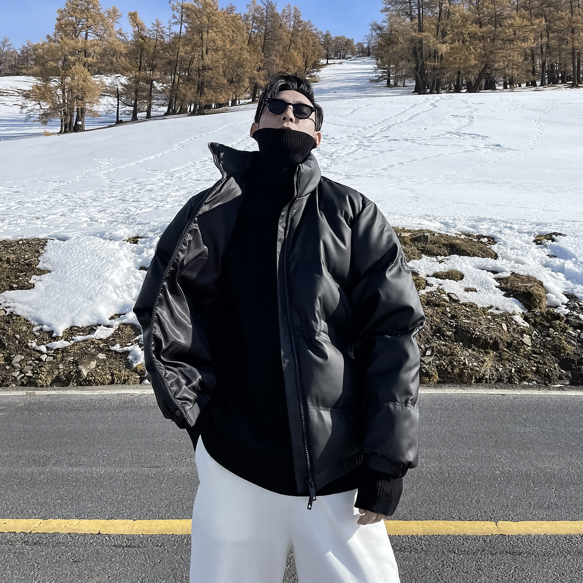 【VERA KANE】韩国ins冬季高领pu皮加厚宽松休闲面包棉服外套潮男