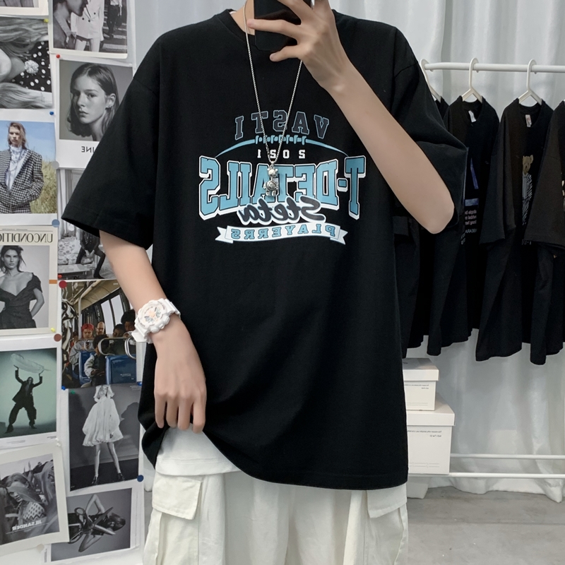 夏季ins复古港味印花体恤男宽松韩版炸街情侣小众半袖百搭短袖T恤