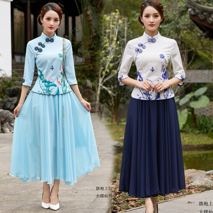 国风2021夏季新款女士旗袍唐装上衣套装民国旗袍