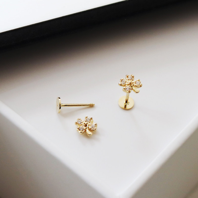 韩国小耳朵耳骨黄金耳塞螺丝平头戴短杆镶钻正品耳饰