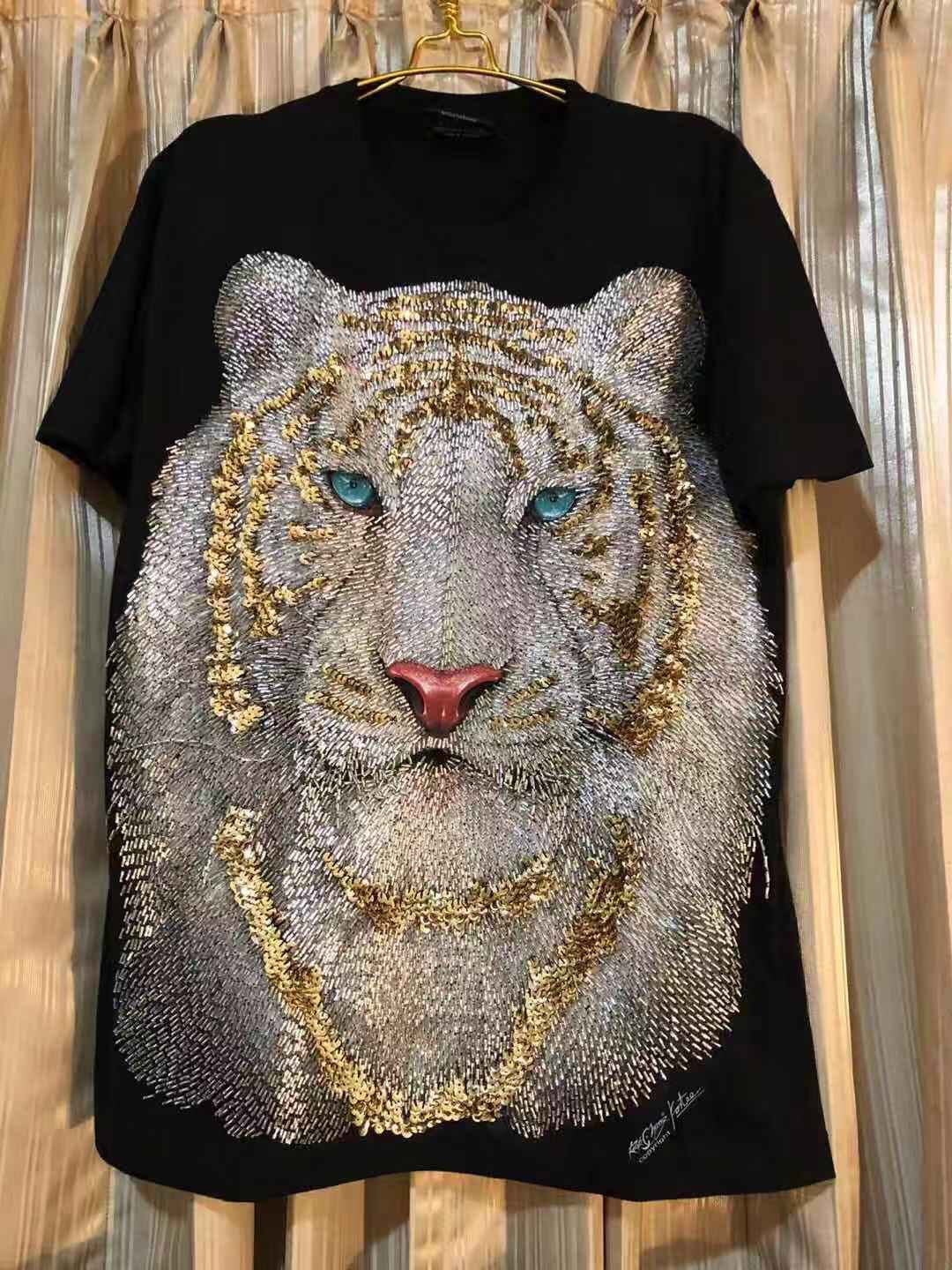 2022虎年泰国设计师潮牌正品重工老虎t恤手工钉珠刺绣短袖男女款