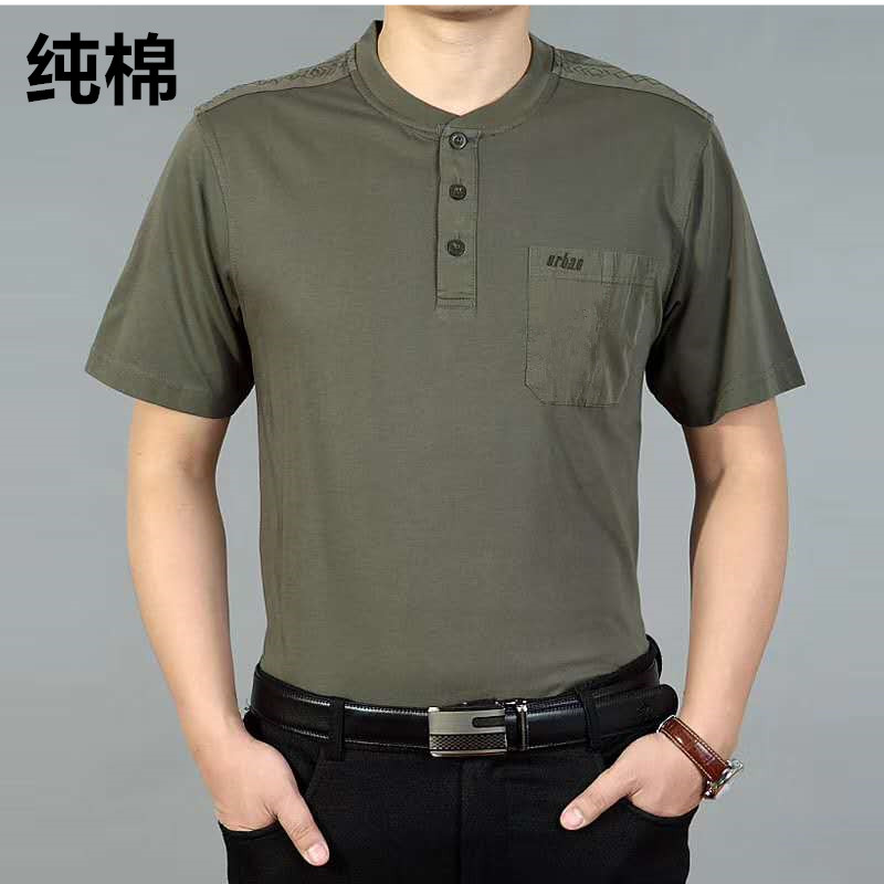 夏季中年男士短袖t恤圆领纯棉大码宽松纯色薄款中老年爸爸装上衣