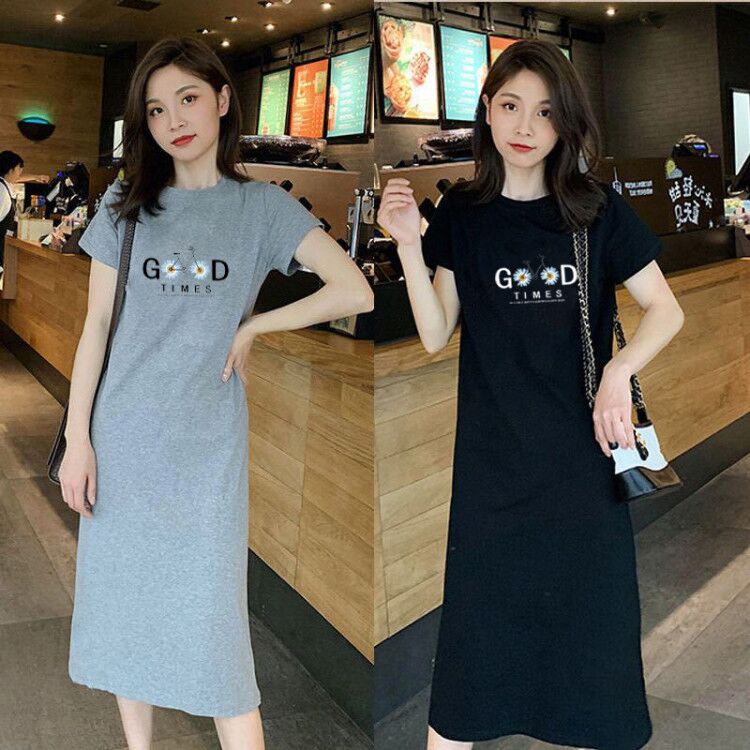 休闲黑色连衣裙女2023夏季新款韩版宽松显瘦减龄中长款短袖t恤裙