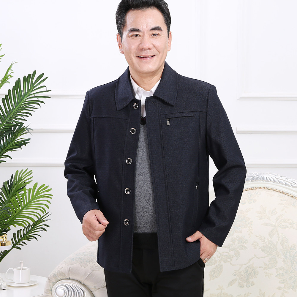 爸爸秋装中老年外套男装春秋冬款老人加绒厚夹克爷爷冬季纽扣上衣