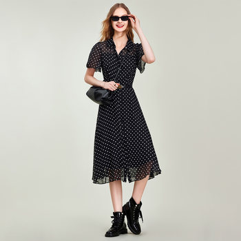 HAVVA2024 summer new black polka dot dress women's slim slim skirt chiffon shirt dress Q2157