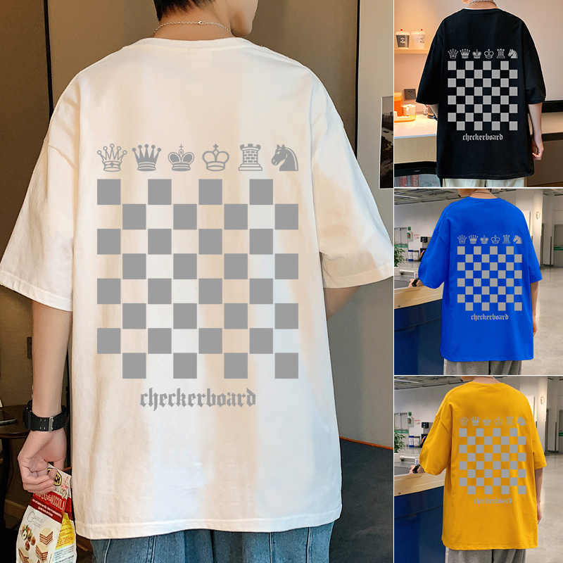 2022短袖t恤男夏季新款纯棉宽松象棋格子潮牌上衣服港风半袖体恤t