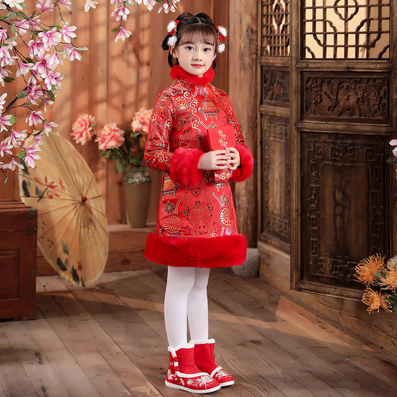 秋冬古装汉服中国国风儿童唐装小女孩加绒加厚唐装