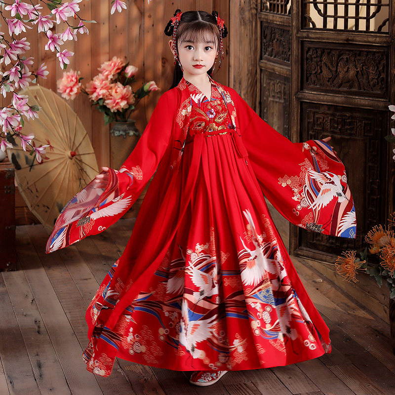 女童汉服中国国风古装连衣裙红色长袖儿童古风唐装