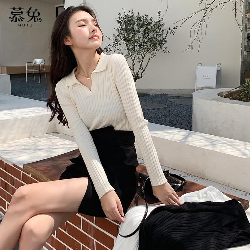 慕兔纯色内搭长袖针织衫毛衣女春季2022新款Polo领修身打底衫上衣