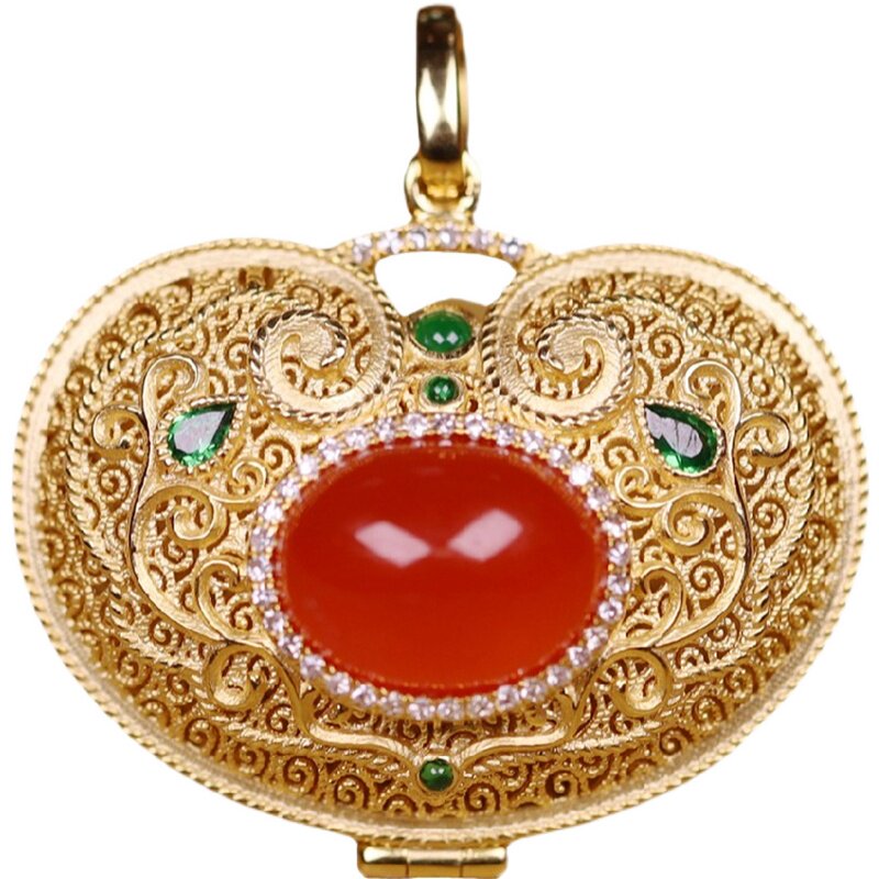 18k古法黄金如意香囊吊坠au750花丝镶嵌冰红颈饰