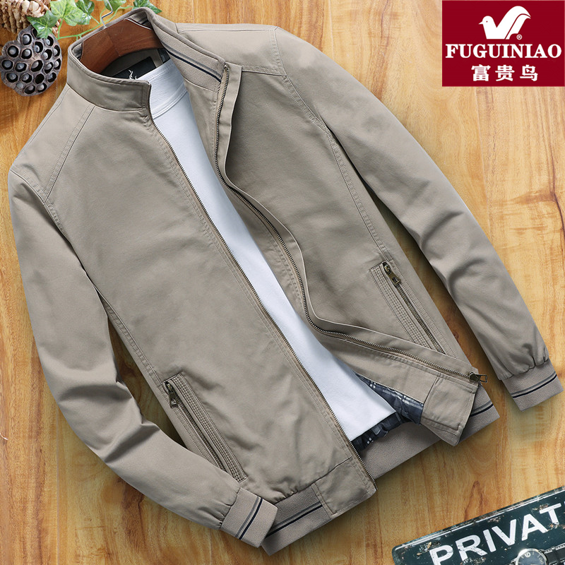 富贵鸟纯棉春秋季爸爸装外套男薄款商务休闲大码中年男士夹克上衣